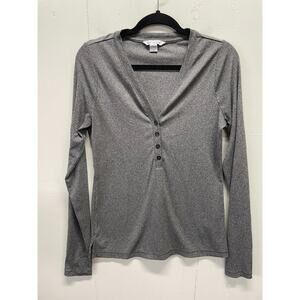 Athleta Ribbed Henley Long Sleeve heather Gray V-Neck Thumbholes Medium